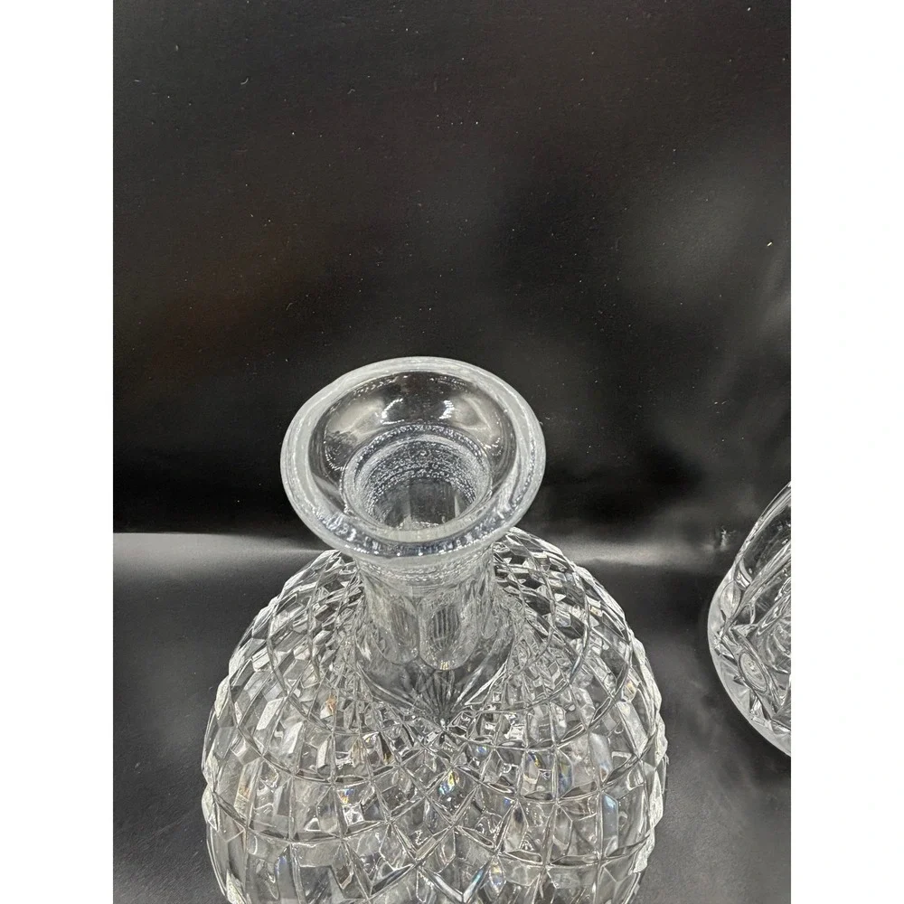 Vintage Cut Glass Decanter with Large Geometric Globe Stopper Diamond Pattern